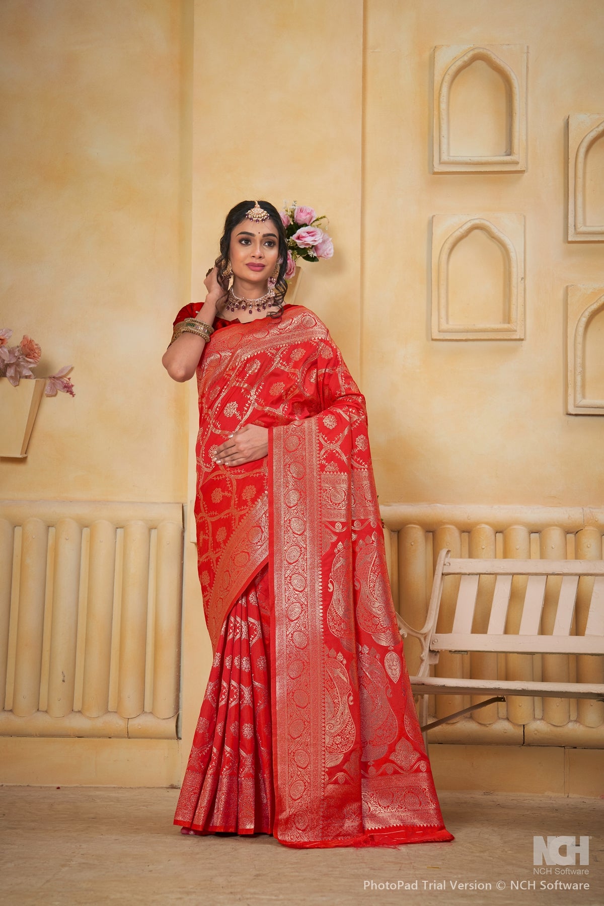 Red Art Silk Saree for Women with Ethnic Prints and Blouse