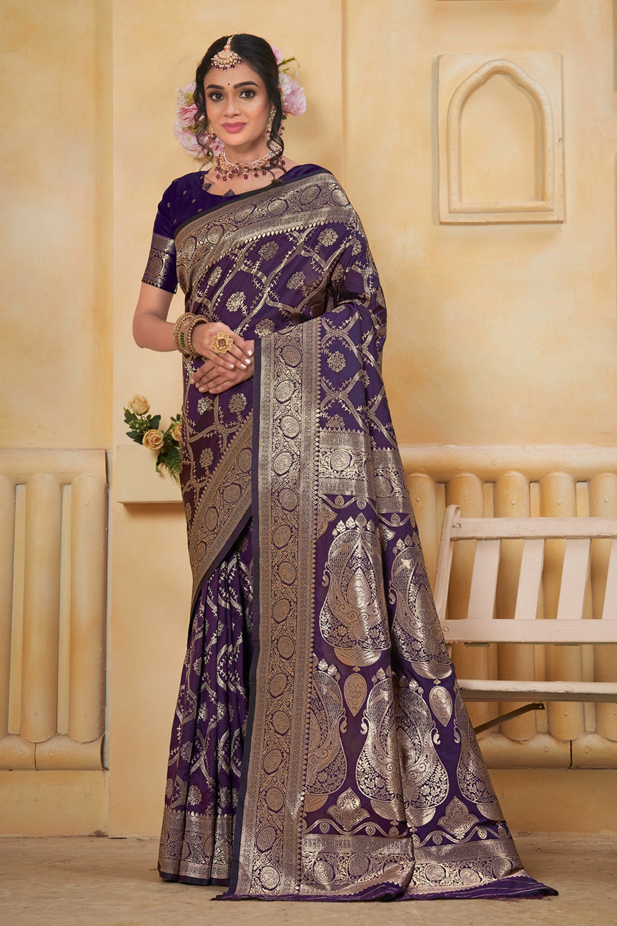 Wine Art Silk Saree for Women with Ethnic Prints and Blouse
