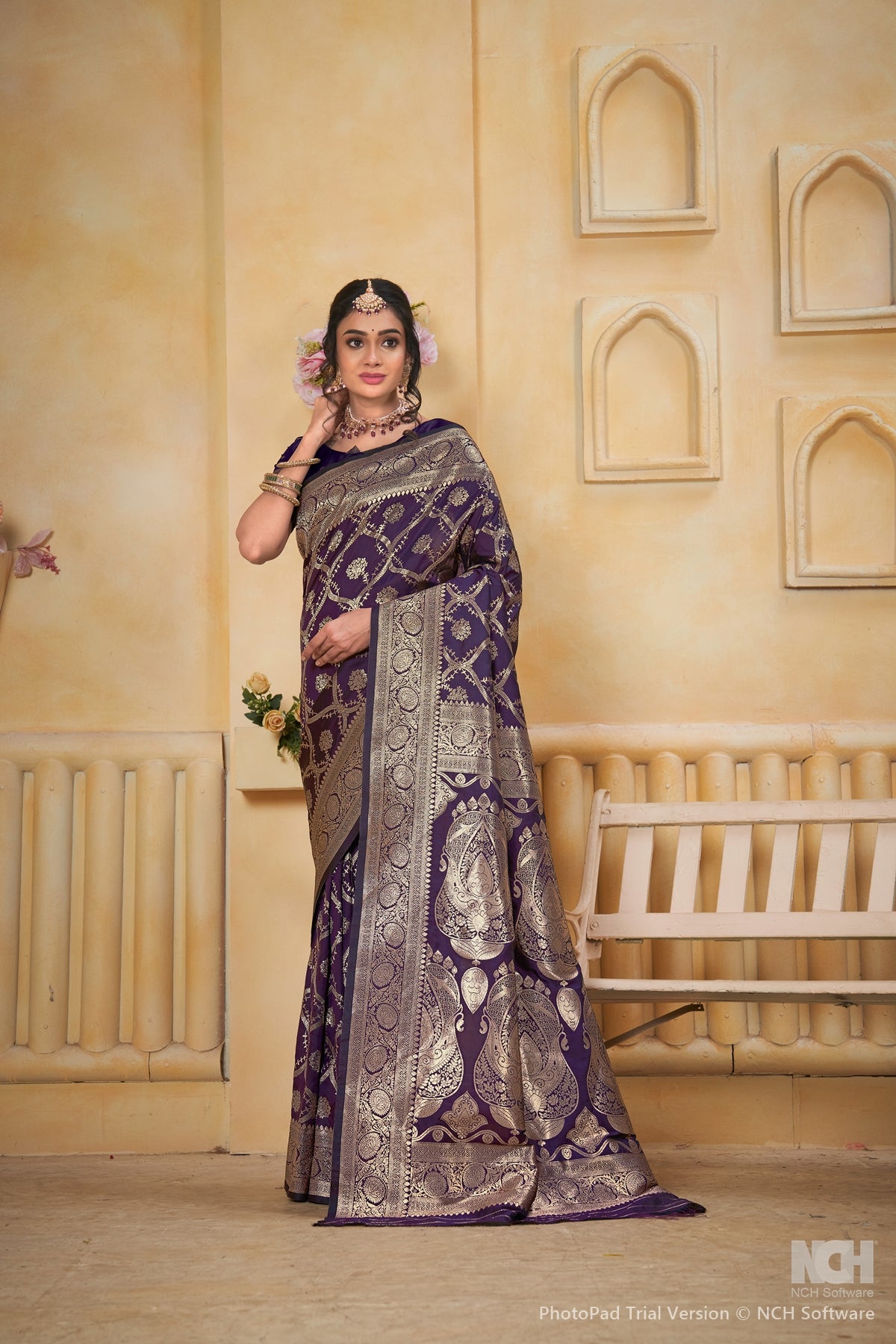 Wine Art Silk Saree for Women with Ethnic Prints and Blouse