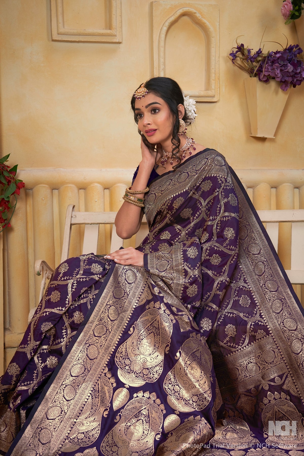 Wine Art Silk Saree for Women with Ethnic Prints and Blouse
