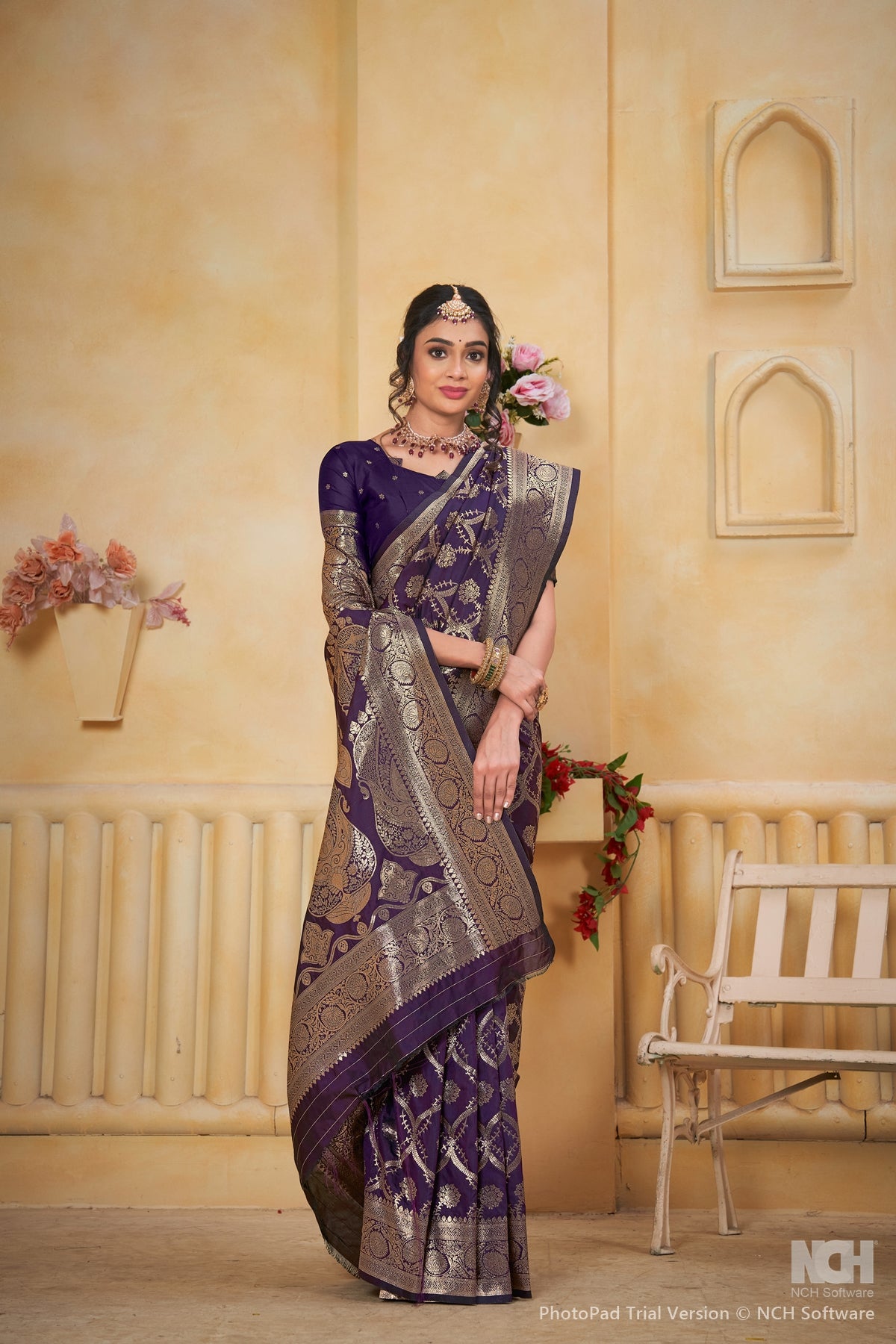 Wine Art Silk Saree for Women with Ethnic Prints and Blouse