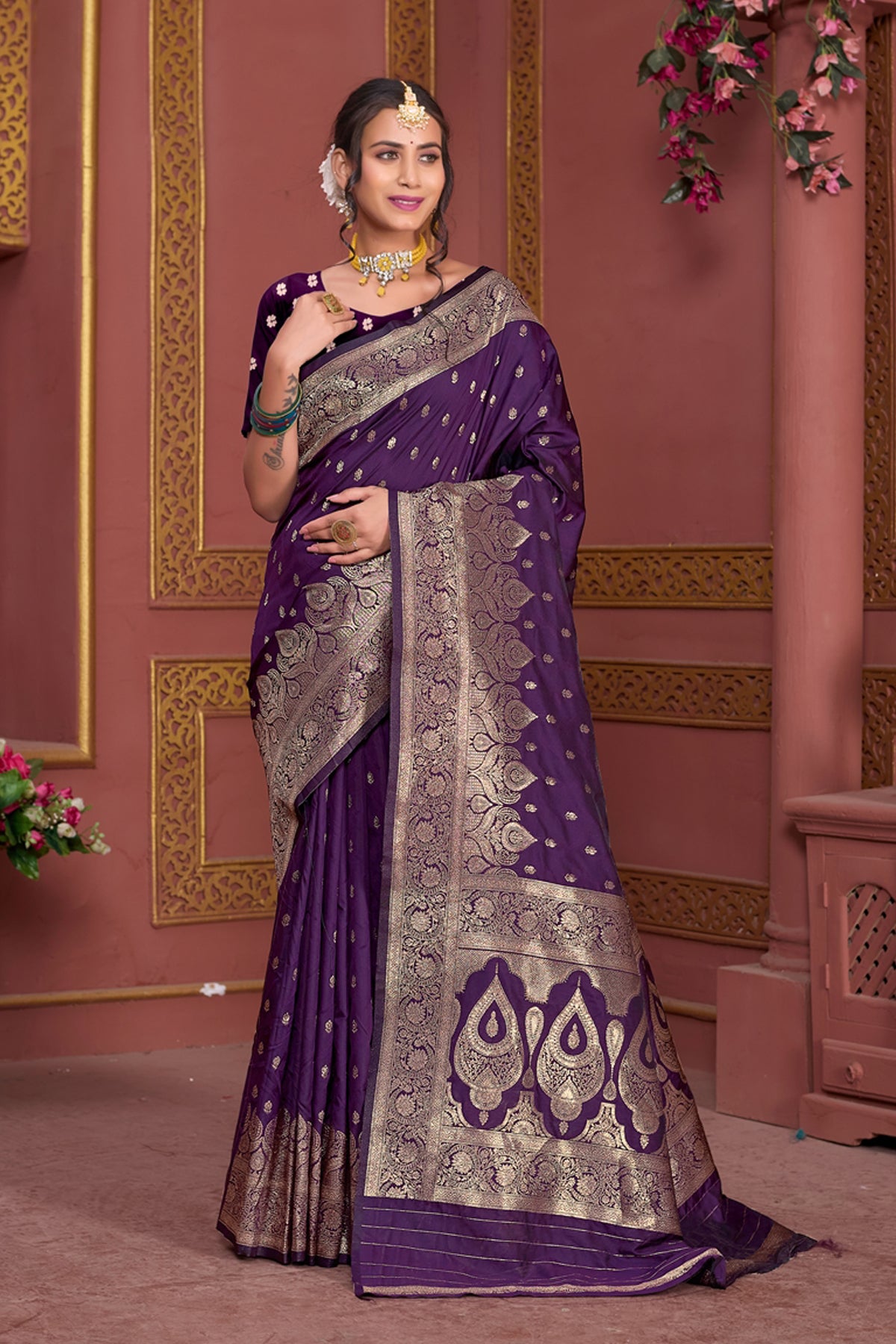 Wine Art Silk Saree for Women – Elegant Traditional Ethnic Wear