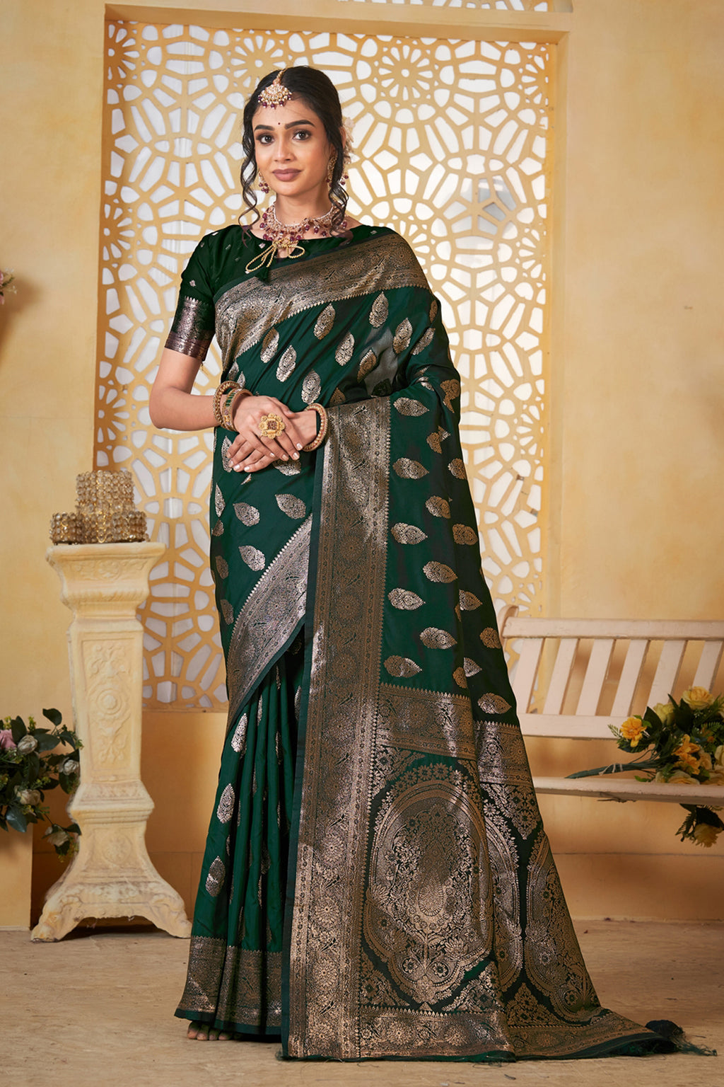 Green Banarasi Silk Saree for Women – Elegant Ethnic Wear