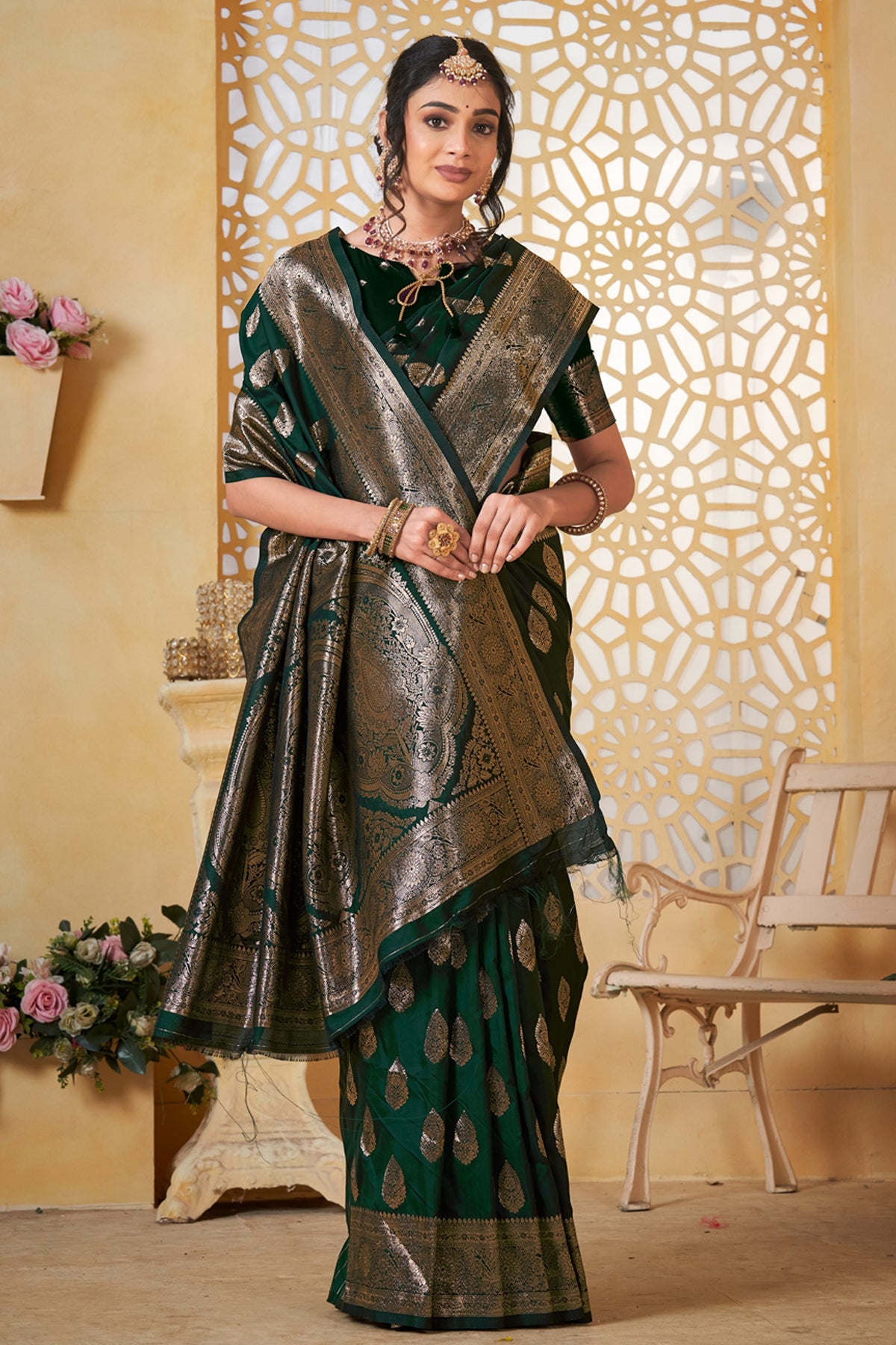 Green Banarasi Silk Saree for Women – Elegant Ethnic Wear