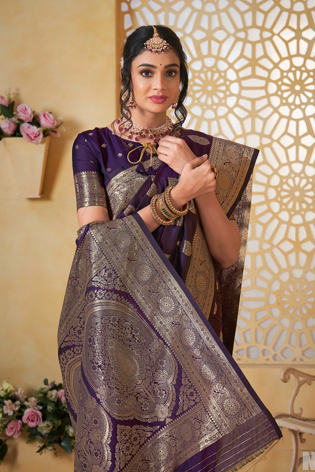 Wine Banarasi Silk Saree for Women – Elegant Ethnic Wear