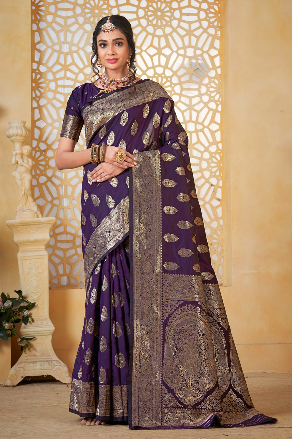 Wine Banarasi Silk Saree for Women – Elegant Ethnic Wear