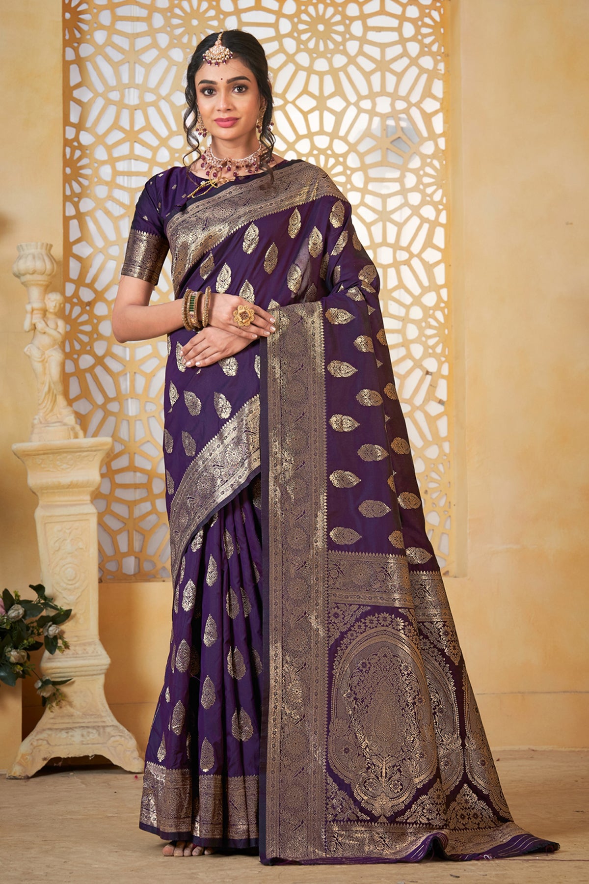 Wine Banarasi Silk Saree for Women – Elegant Ethnic Wear