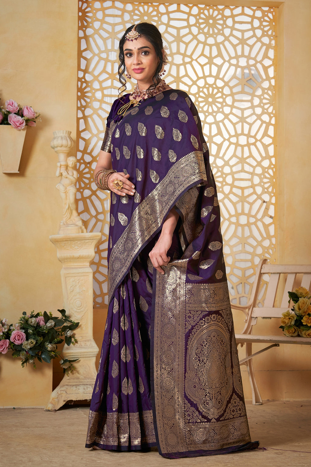 Wine Banarasi Silk Saree for Women – Elegant Ethnic Wear