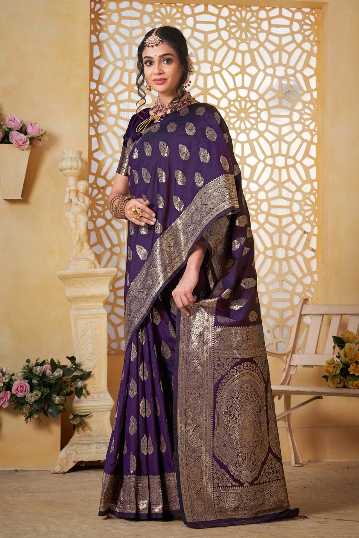 Wine Banarasi Silk Saree for Women – Elegant Ethnic Wear