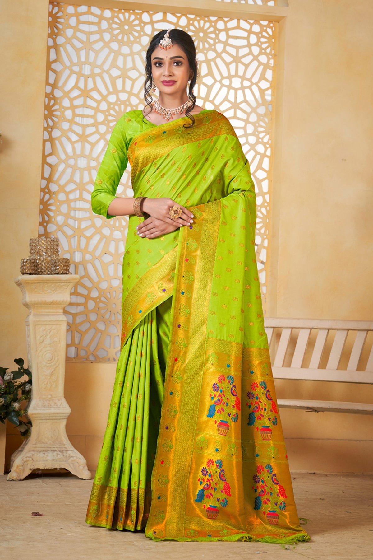 Parrot Art Silk Banarasi Saree for Women – Traditional Ethnic Wear