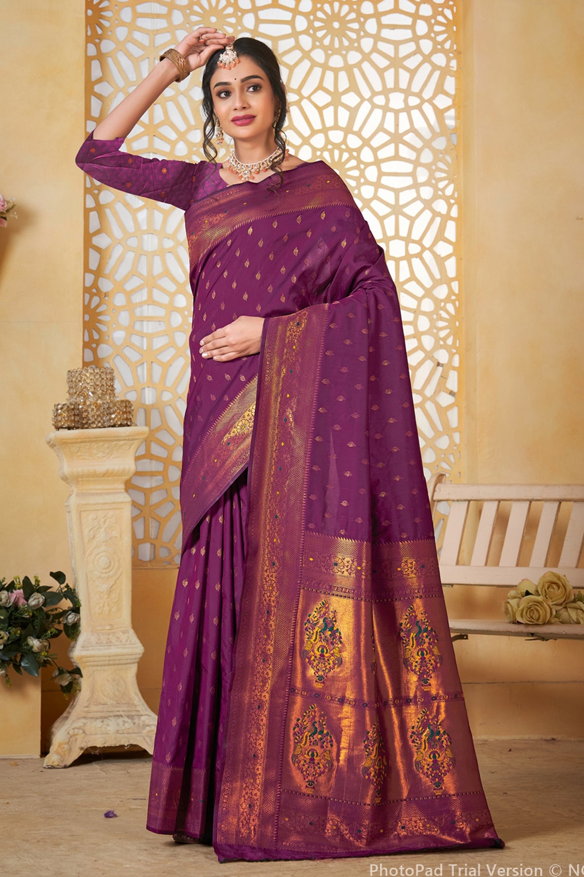 Wine Art Silk Saree for Women – Elegant Ethnic Wear with Rich Weaving
