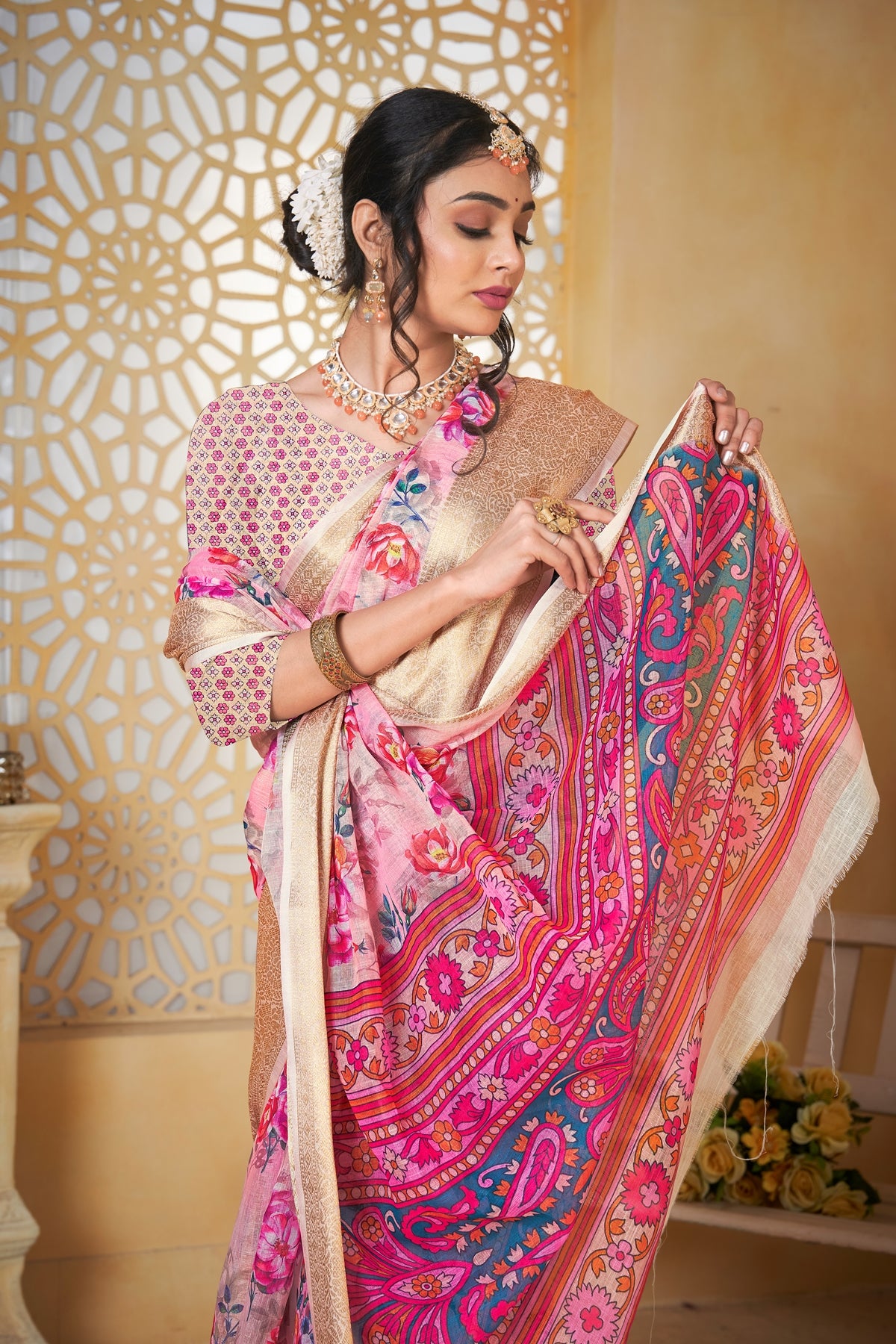 Cream Linen Saree for Women – Lightweight & Elegant Ethnic Wear