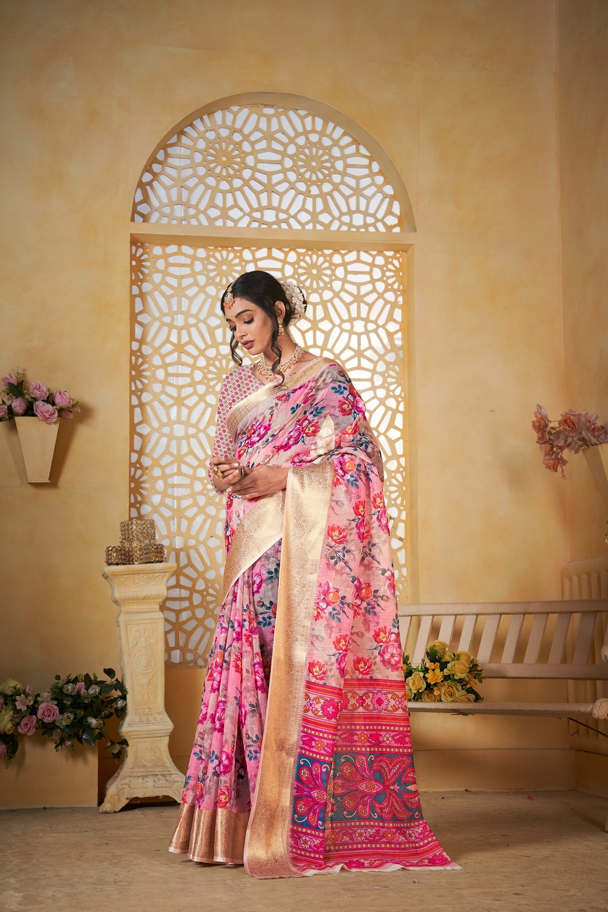 Cream Linen Saree for Women – Lightweight & Elegant Ethnic Wear
