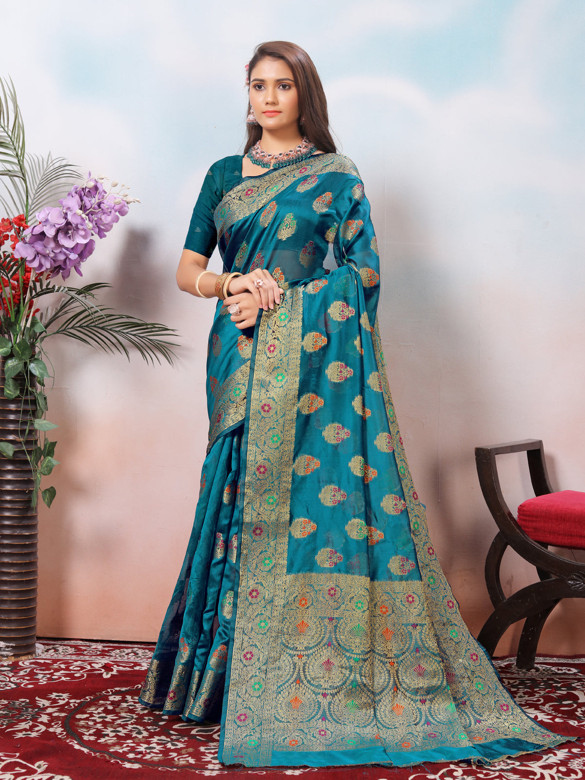 Teal Silk Banarasi Saree for Women – Traditional Ethnic Wear with Rich Weaving