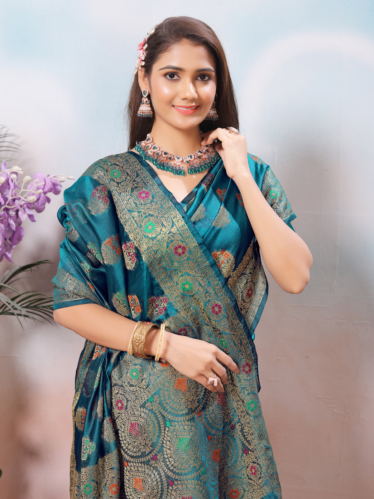 Teal Silk Banarasi Saree for Women – Traditional Ethnic Wear with Rich Weaving