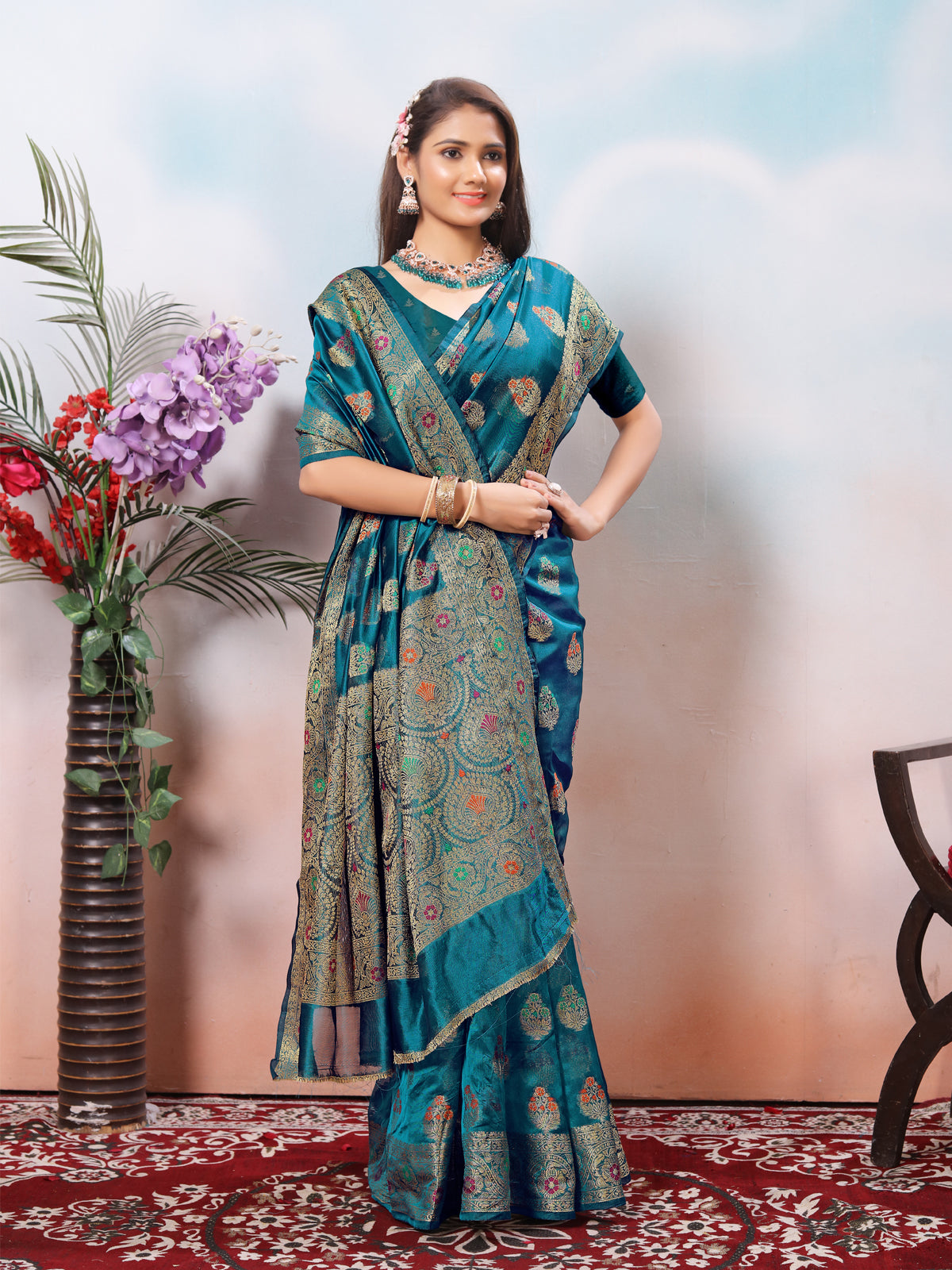 Teal Silk Banarasi Saree for Women – Traditional Ethnic Wear with Rich Weaving