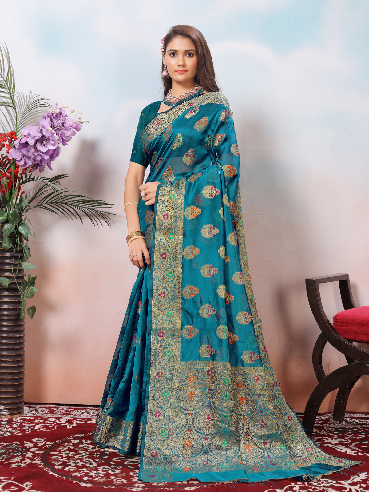 Teal Silk Banarasi Saree for Women – Traditional Ethnic Wear with Rich Weaving