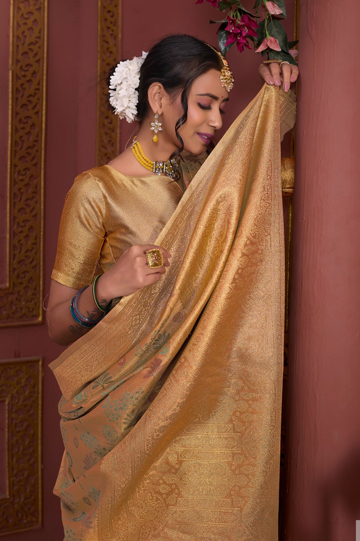 Gold Art Silk Saree for Women – Elegant Ethnic Wear