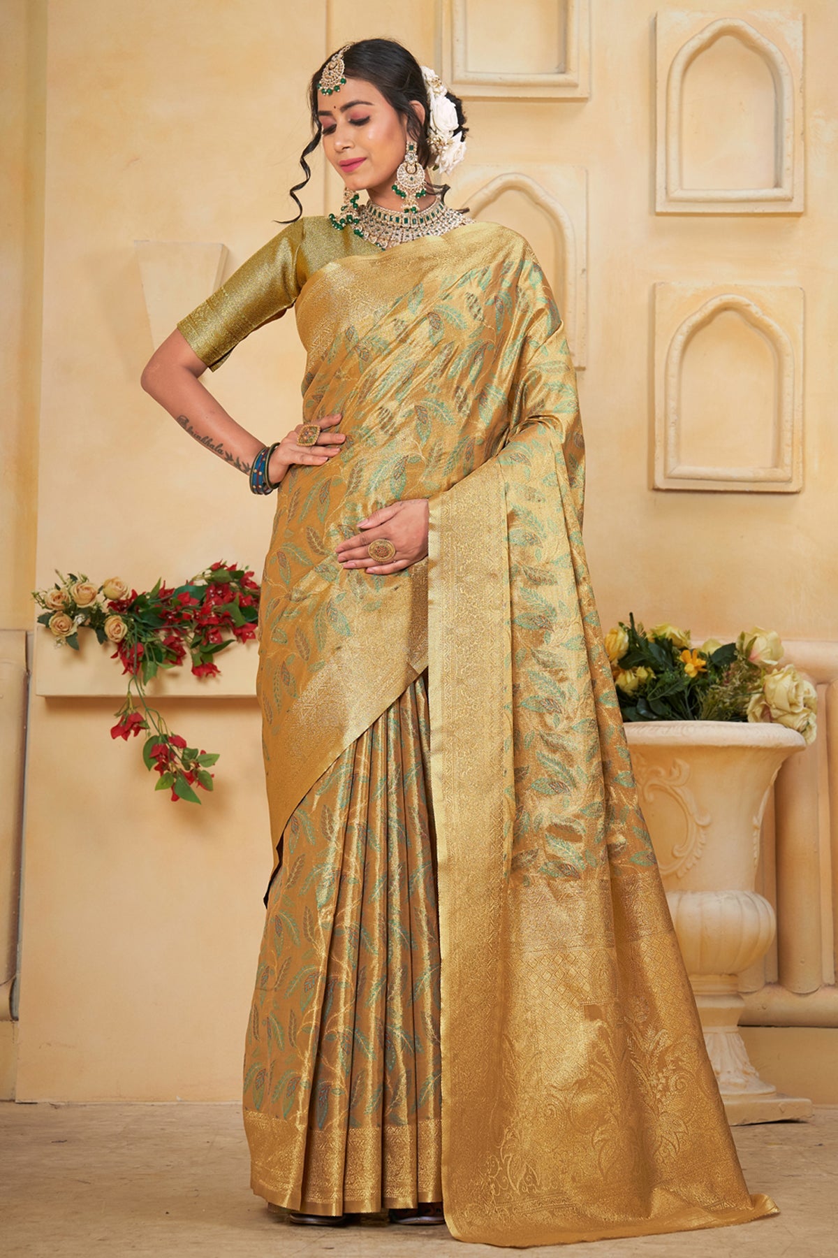 Gold Banarasi Silk Saree for Women – Traditional & Elegant Ethnic Wear