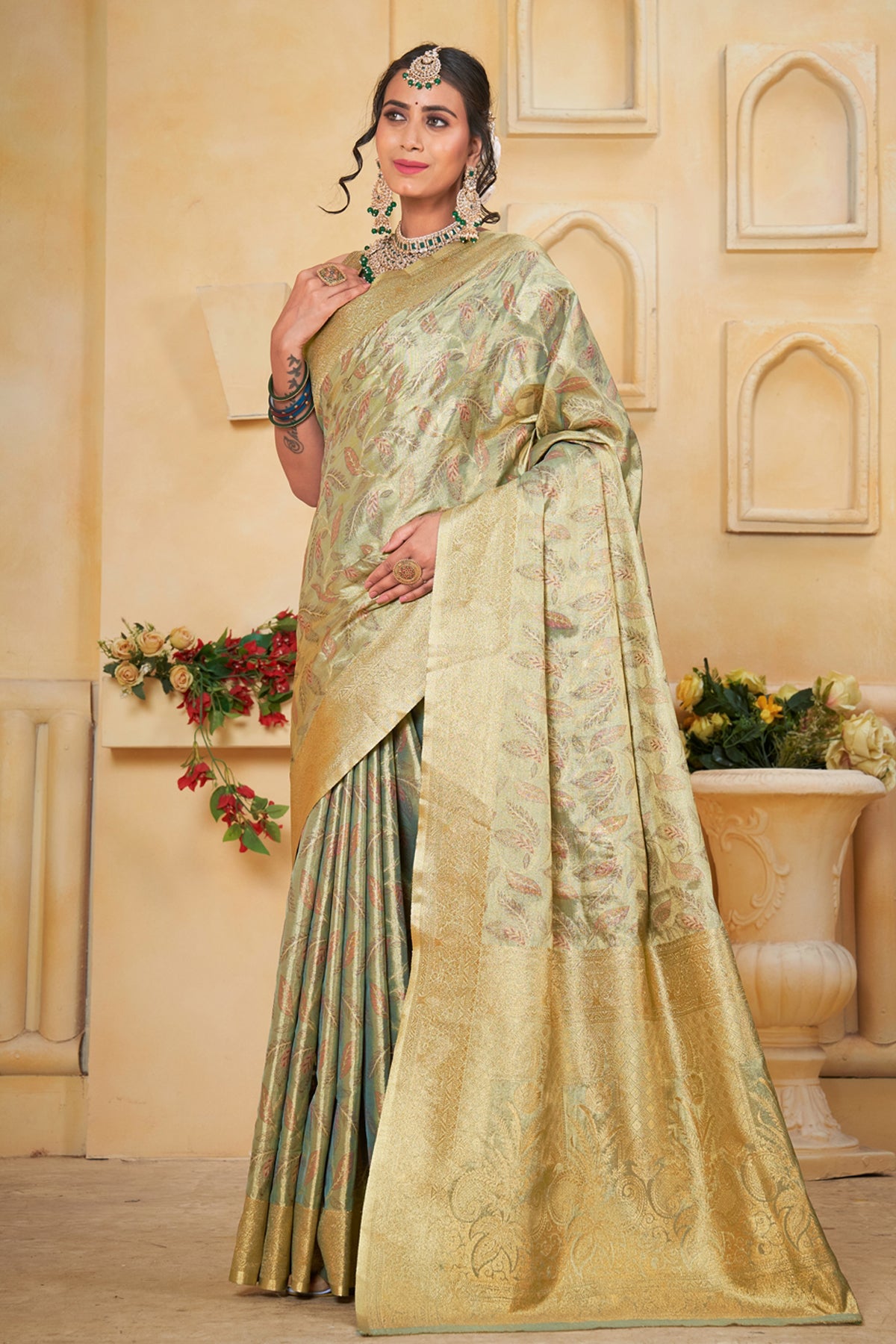 Pista Banarasi Silk Saree for Women – Traditional & Elegant Ethnic Wear