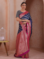 Navy Blue Silk Blend Saree for Women – Elegant & Comfortable Ethnic Wear