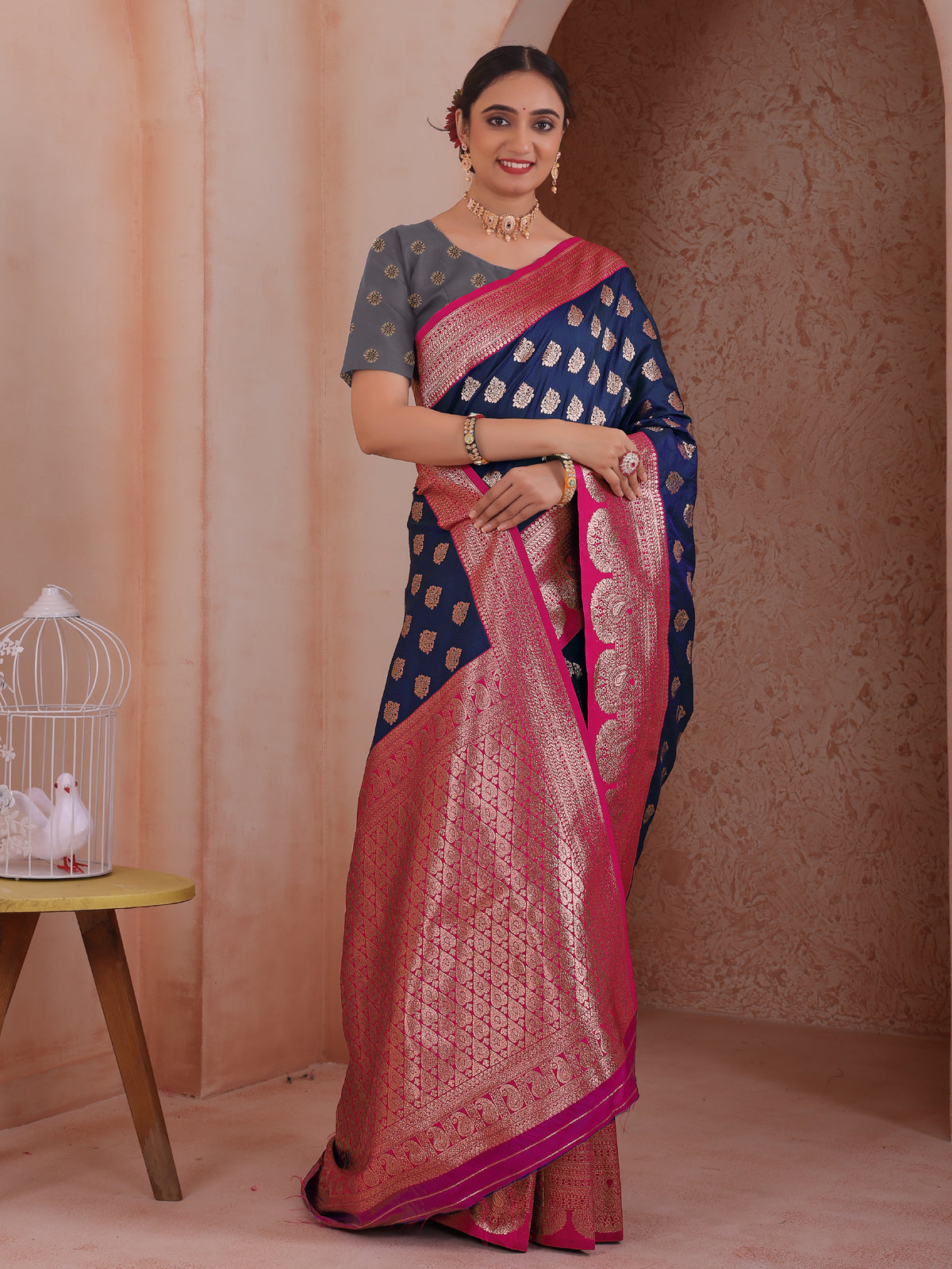Navy Blue Silk Blend Saree for Women – Elegant & Comfortable Ethnic Wear