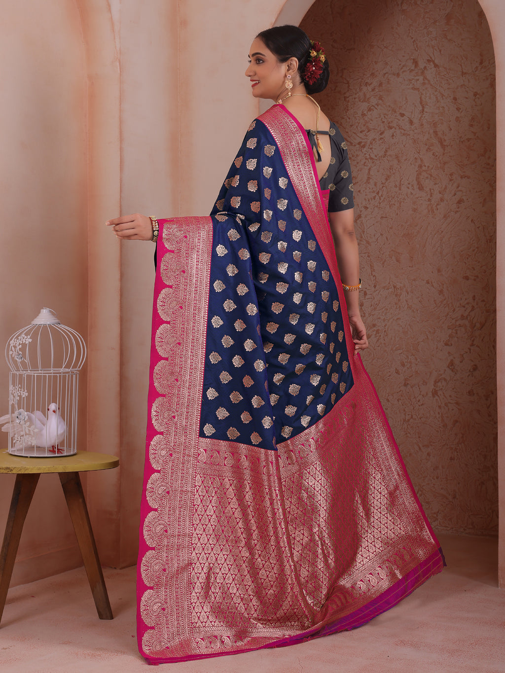 Navy Blue Silk Blend Saree for Women – Elegant & Comfortable Ethnic Wear