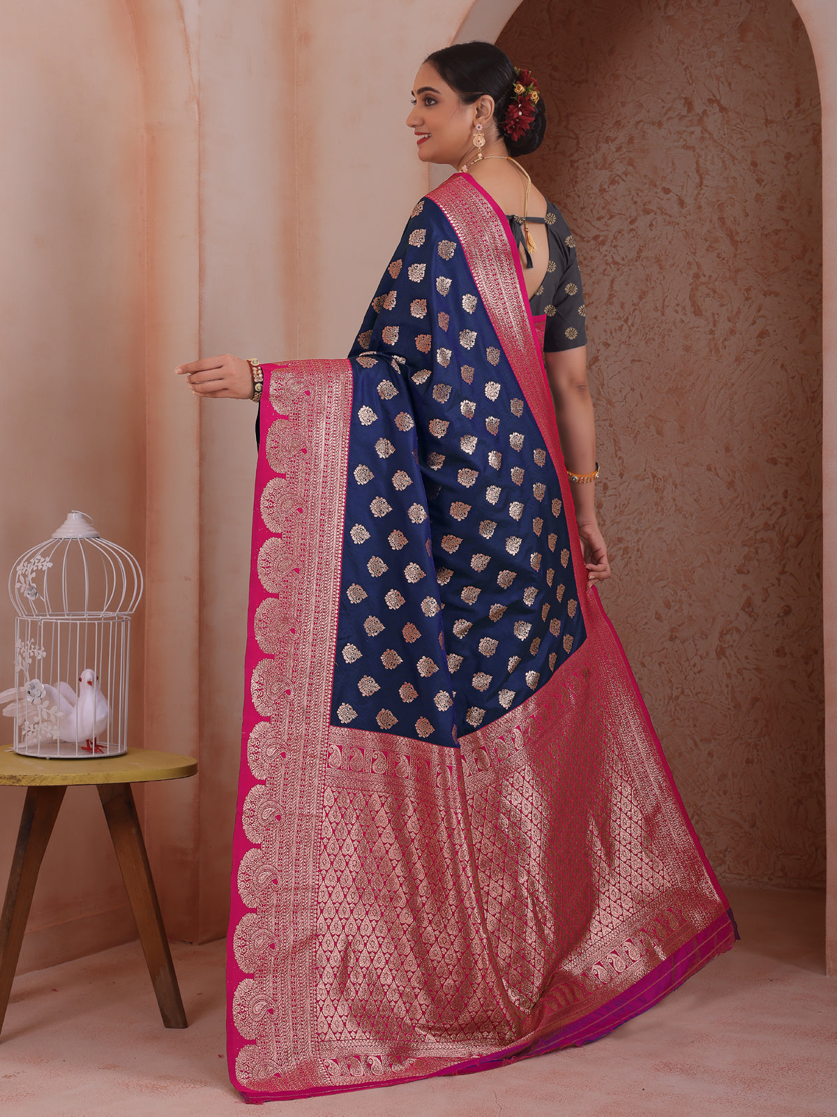 Navy Blue Silk Blend Saree for Women – Elegant & Comfortable Ethnic Wear