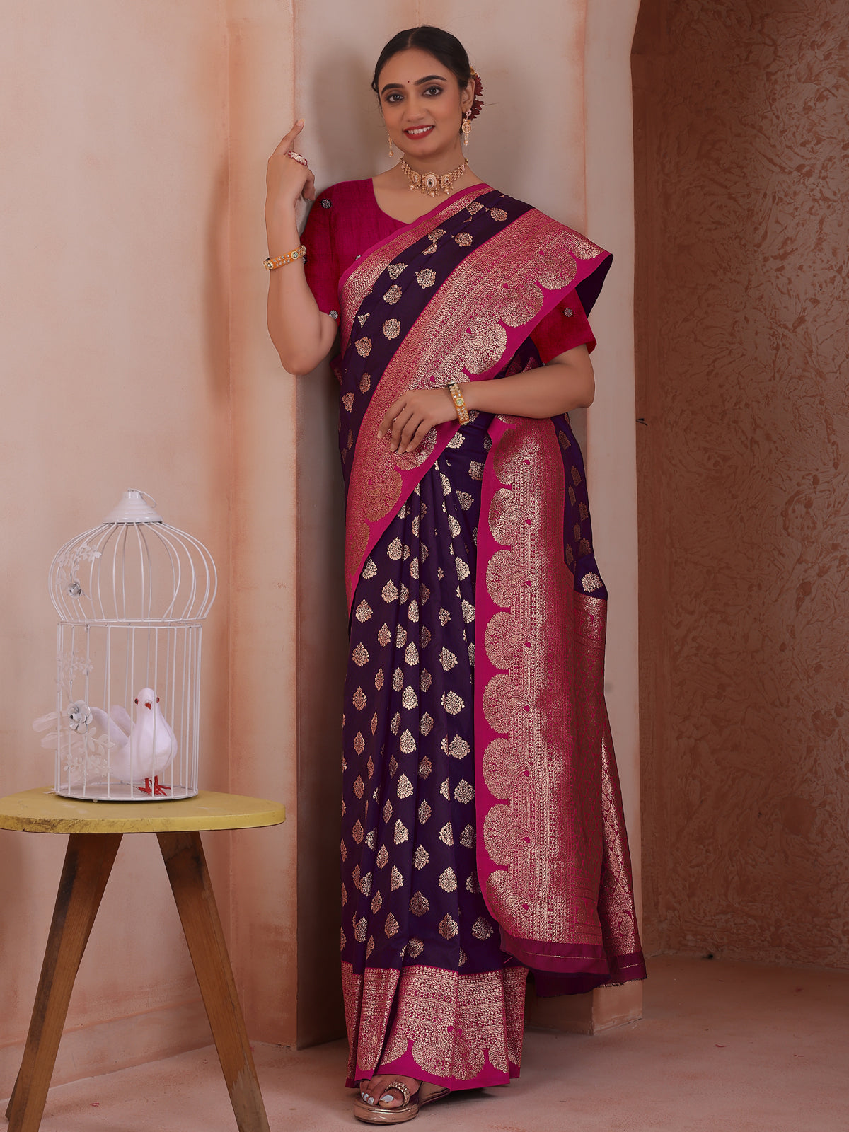 Wine Silk Blend Saree for Women – Elegant & Comfortable Ethnic Wear