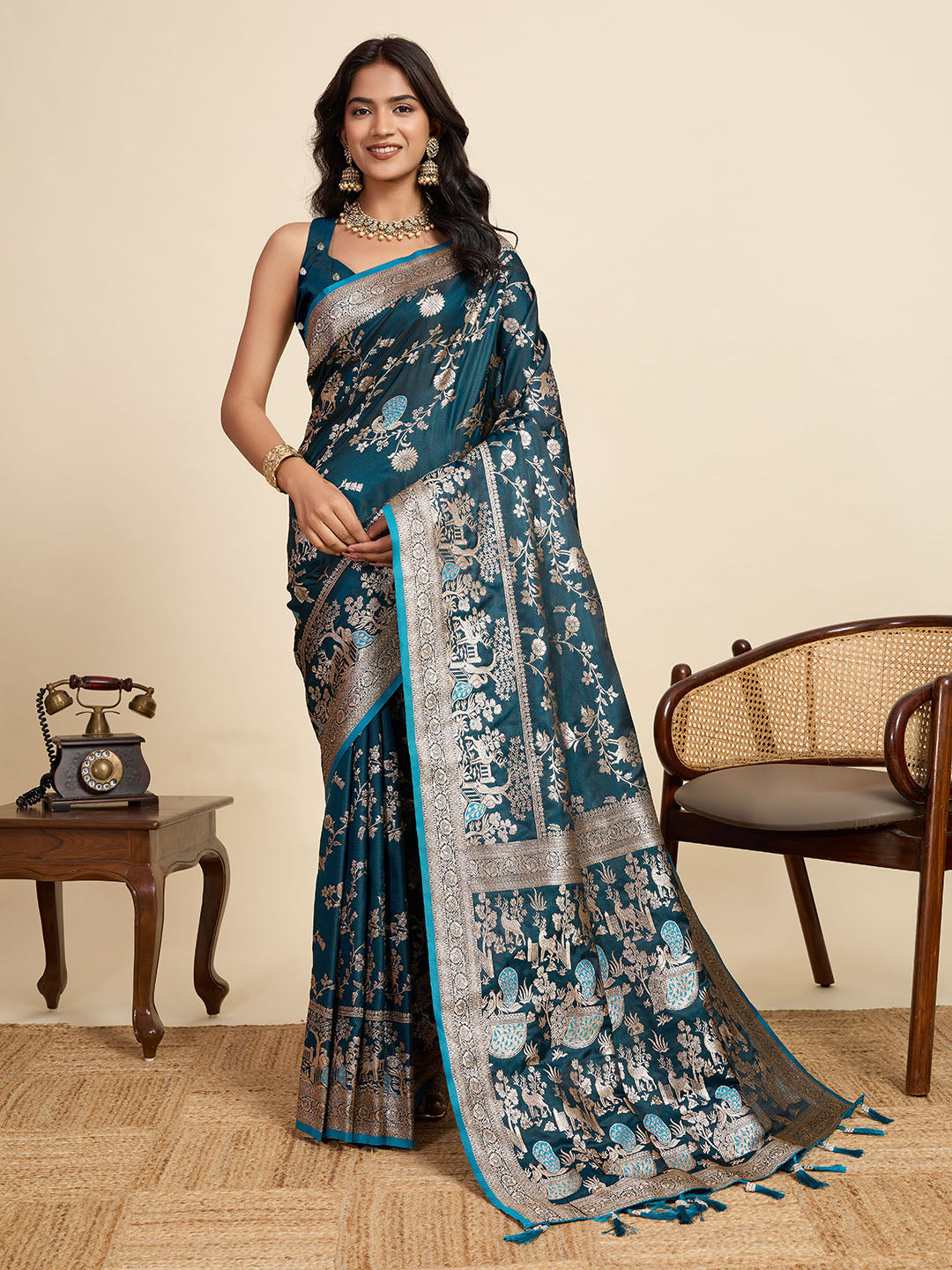 Premium Turquoise Two-Tone Satin Soft Silk Saree with All Over Zari Work & Contrast Woven Border