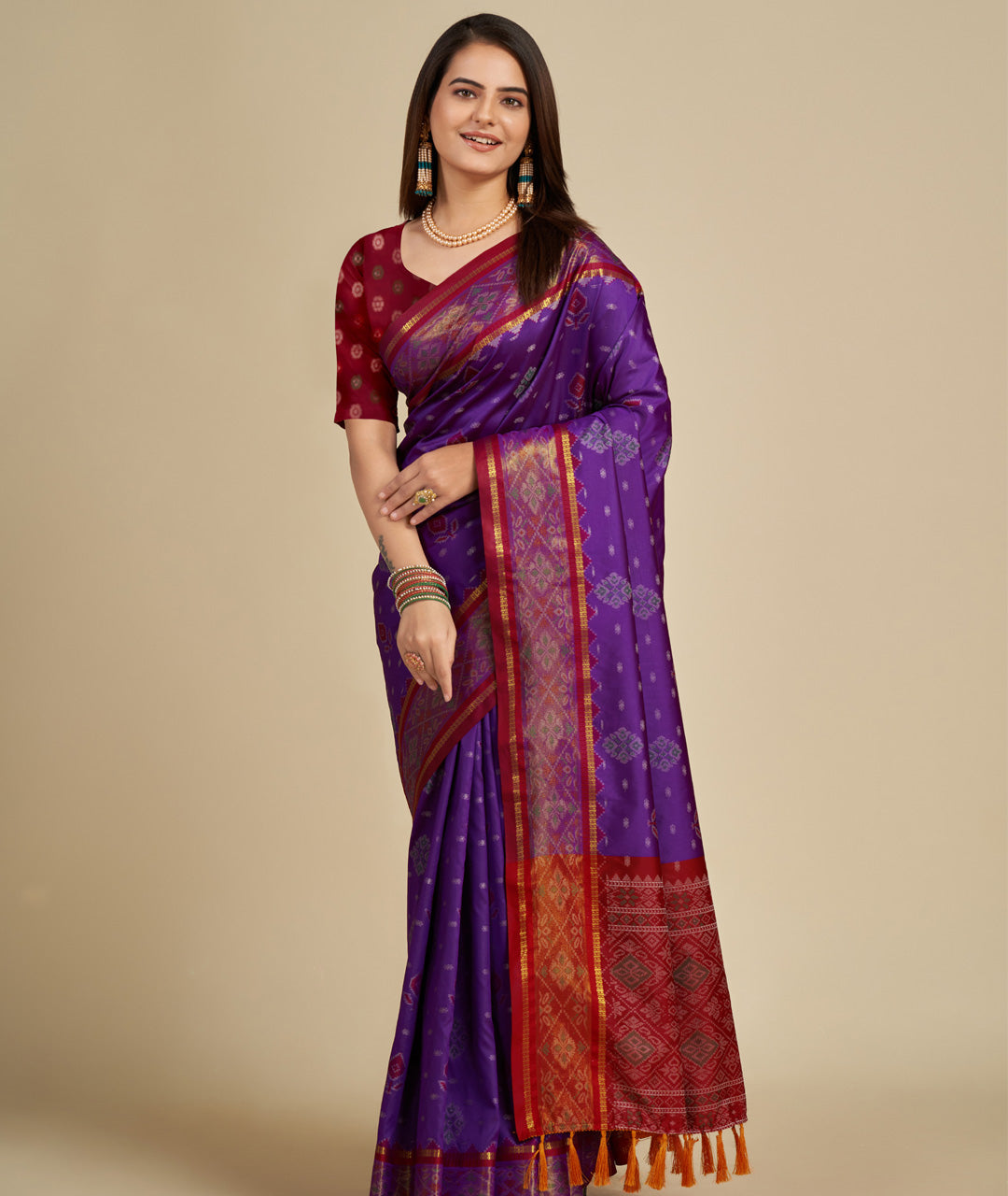 Traditional Pure Patola Silk Purple Saree with Contrast Weave, Meenakari & Tassels