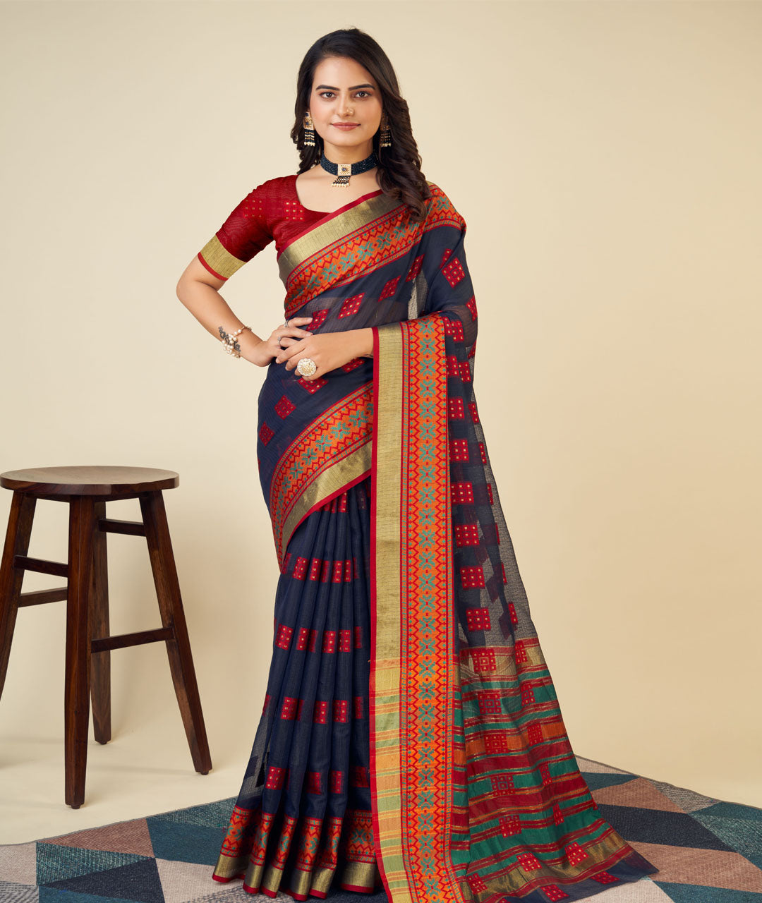 Banarasi Elegance in Breathable Semi Cotton Navy Blue Saree –For All Wedding Celebrations