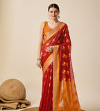 Banarasi Elegance in Breathable Semi Cotton Red Saree –For All Wedding Celebrations