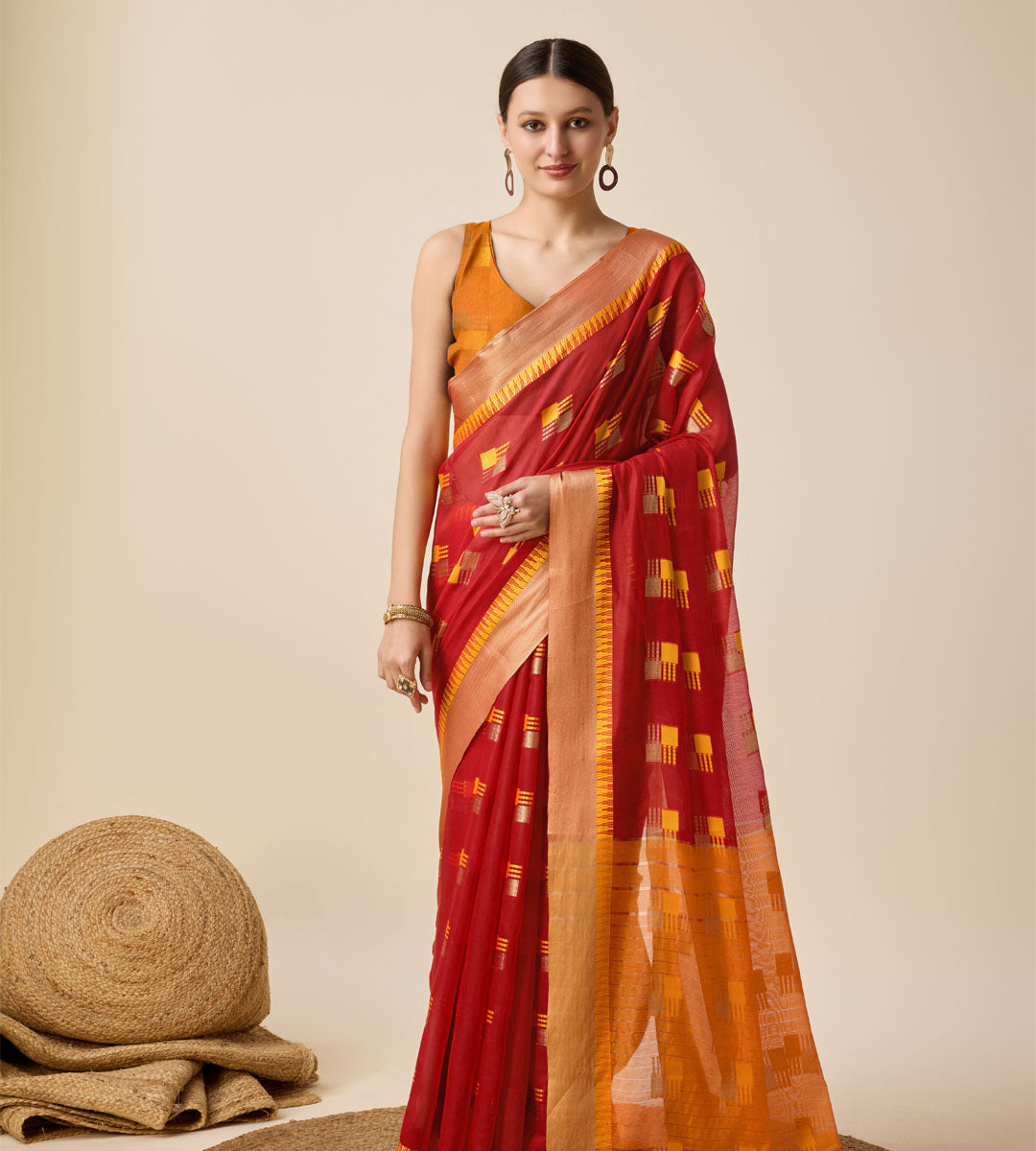 Banarasi Elegance in Breathable Semi Cotton Red Saree –For All Wedding Celebrations