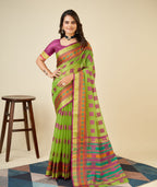 Banarasi Elegance in Breathable Semi Cotton Green Saree –For All Wedding Celebrations
