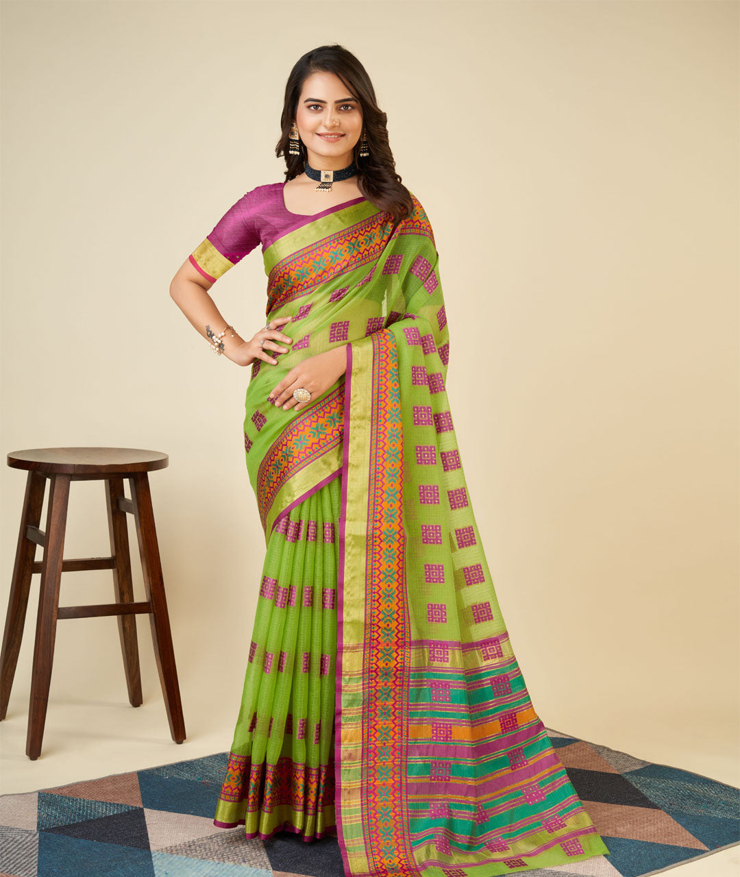 Banarasi Elegance in Breathable Semi Cotton Green Saree –For All Wedding Celebrations