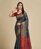 Traditional Pure Patola Silk Grey Saree with Contrast Weave, Meenakari & Tassels