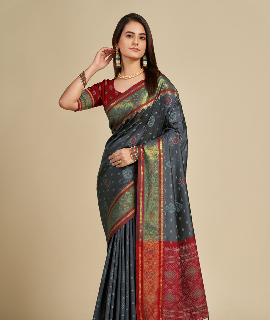 Traditional Pure Patola Silk Grey Saree with Contrast Weave, Meenakari & Tassels
