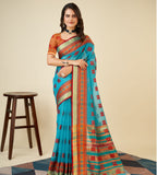 Banarasi Elegance in Breathable Semi Cotton Blue Saree –For All Wedding Celebrations