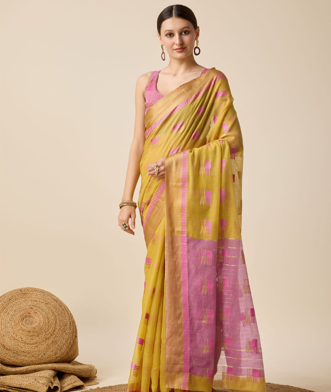 Banarasi Elegance in Breathable Semi Cotton Yellow Saree –For All Wedding Celebrations