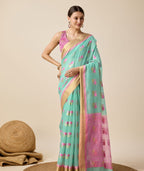 Banarasi Elegance in Breathable Semi Cotton Skyblue Saree –For All Wedding Celebrations