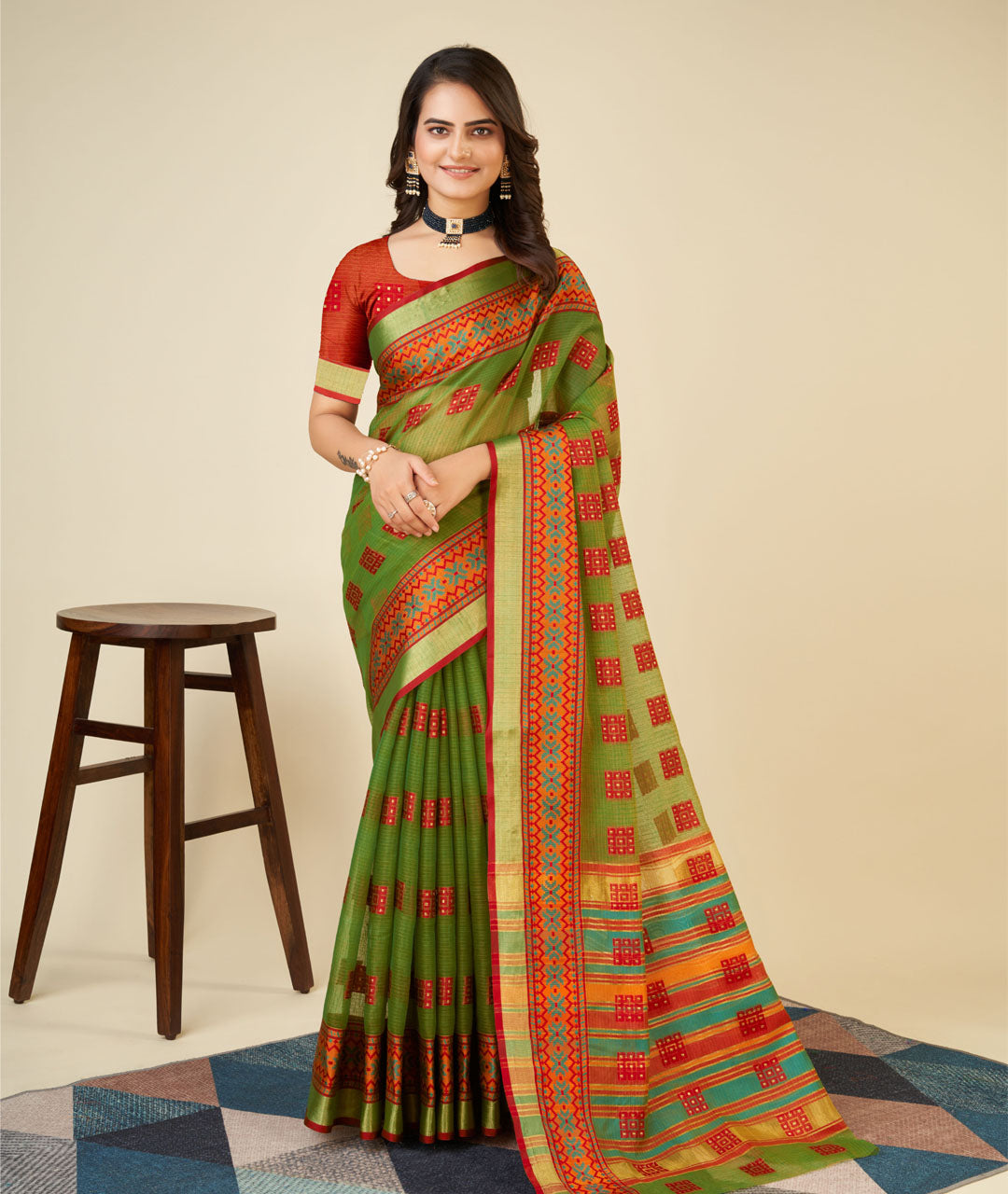 Banarasi Elegance in Breathable Semi Cotton Green Saree –For All Wedding Celebrations