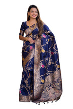 Navy Varni Fabrics Women Floral Banarasi Silk Woven Saree comes With Matching Blouse