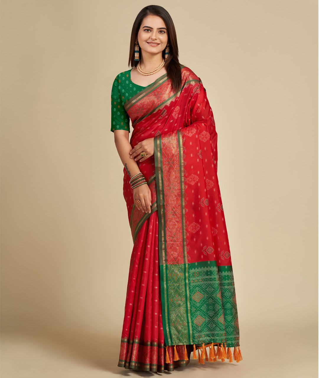 Traditional Pure Patola Silk Red Saree with Contrast Weave, Meenakari & Tassels