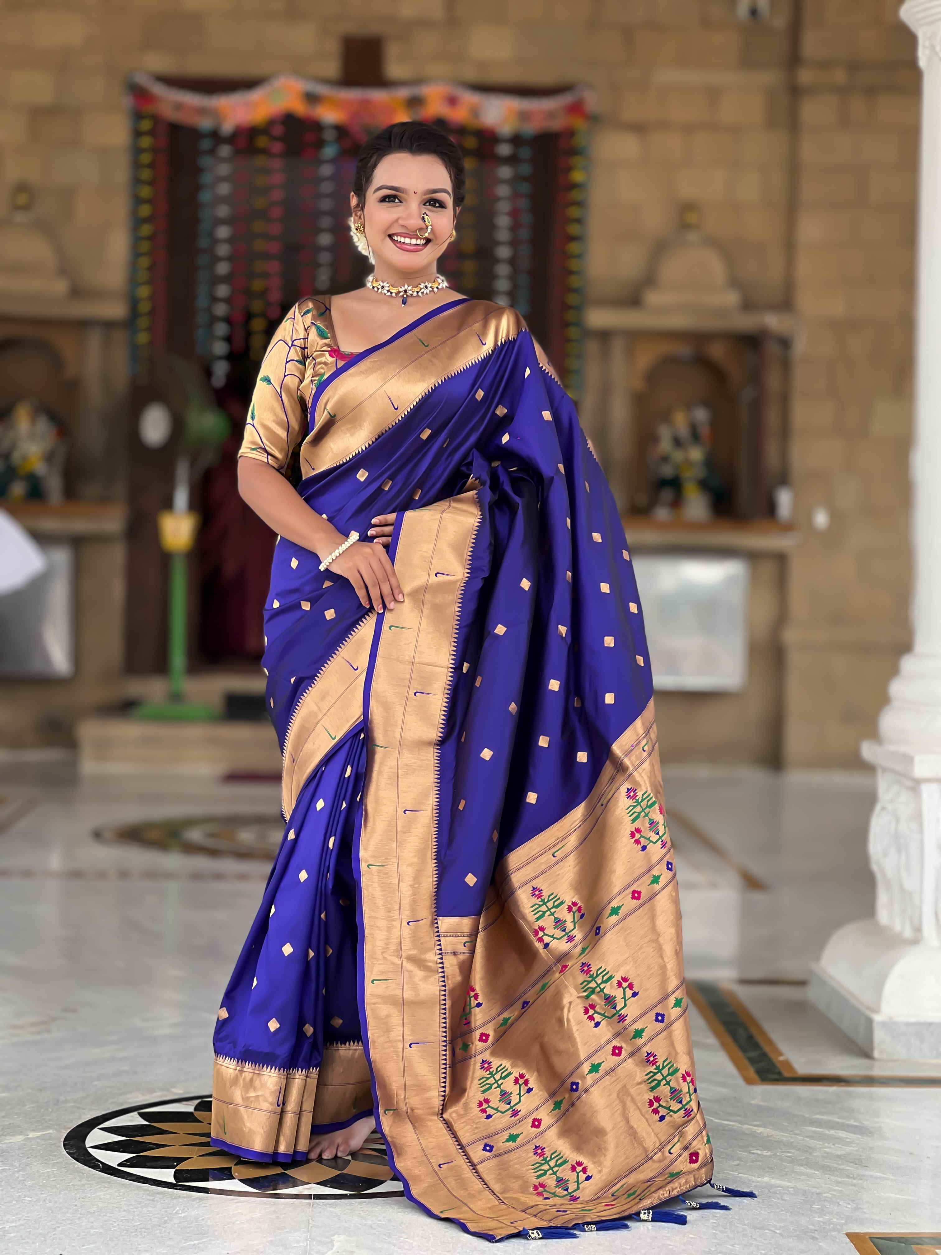 Violet Paithani Silk Saree with Zari Weaving, Meenakari Pallu & Double Munia Border