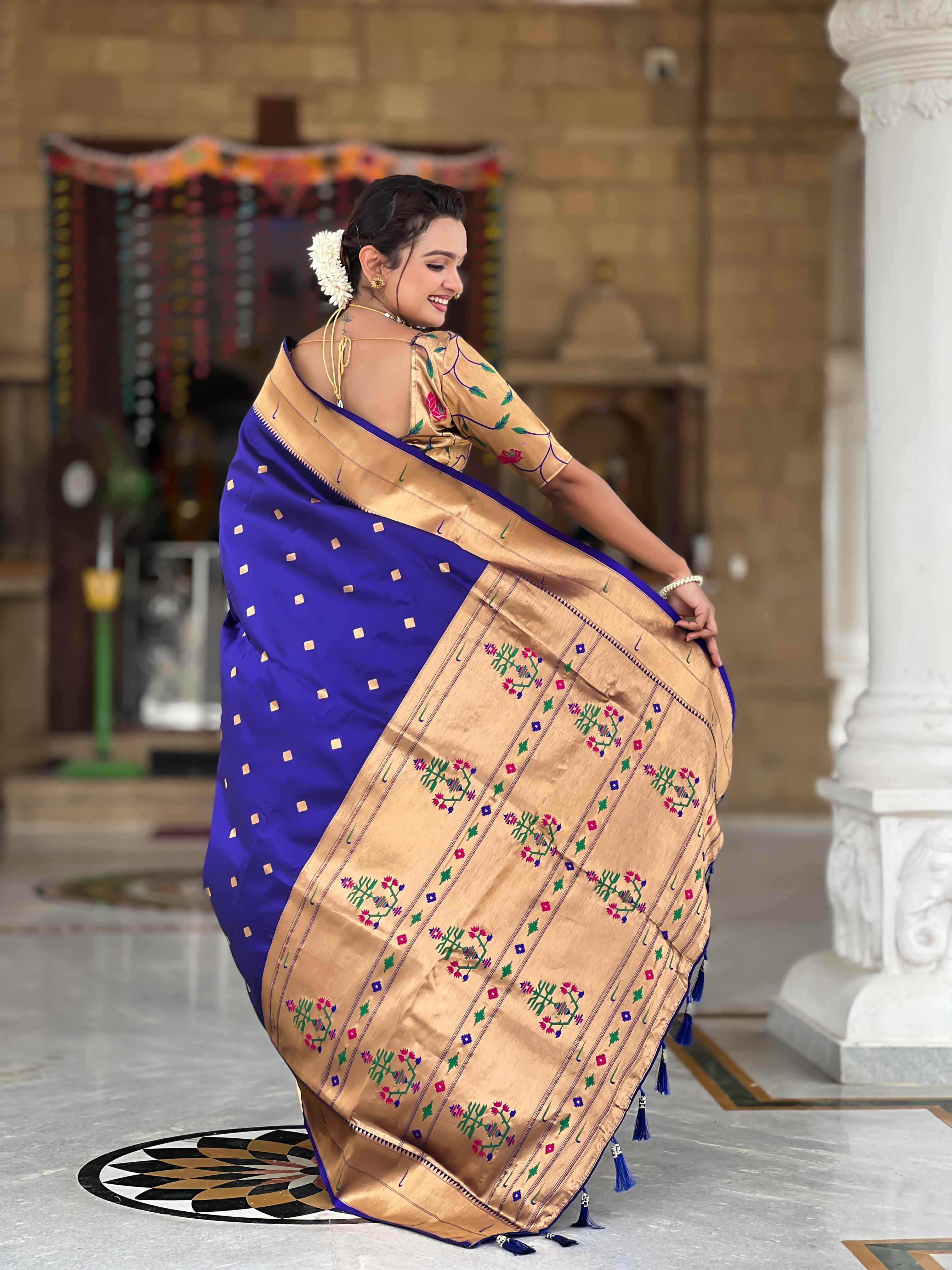 Violet Paithani Silk Saree with Zari Weaving, Meenakari Pallu & Double Munia Border