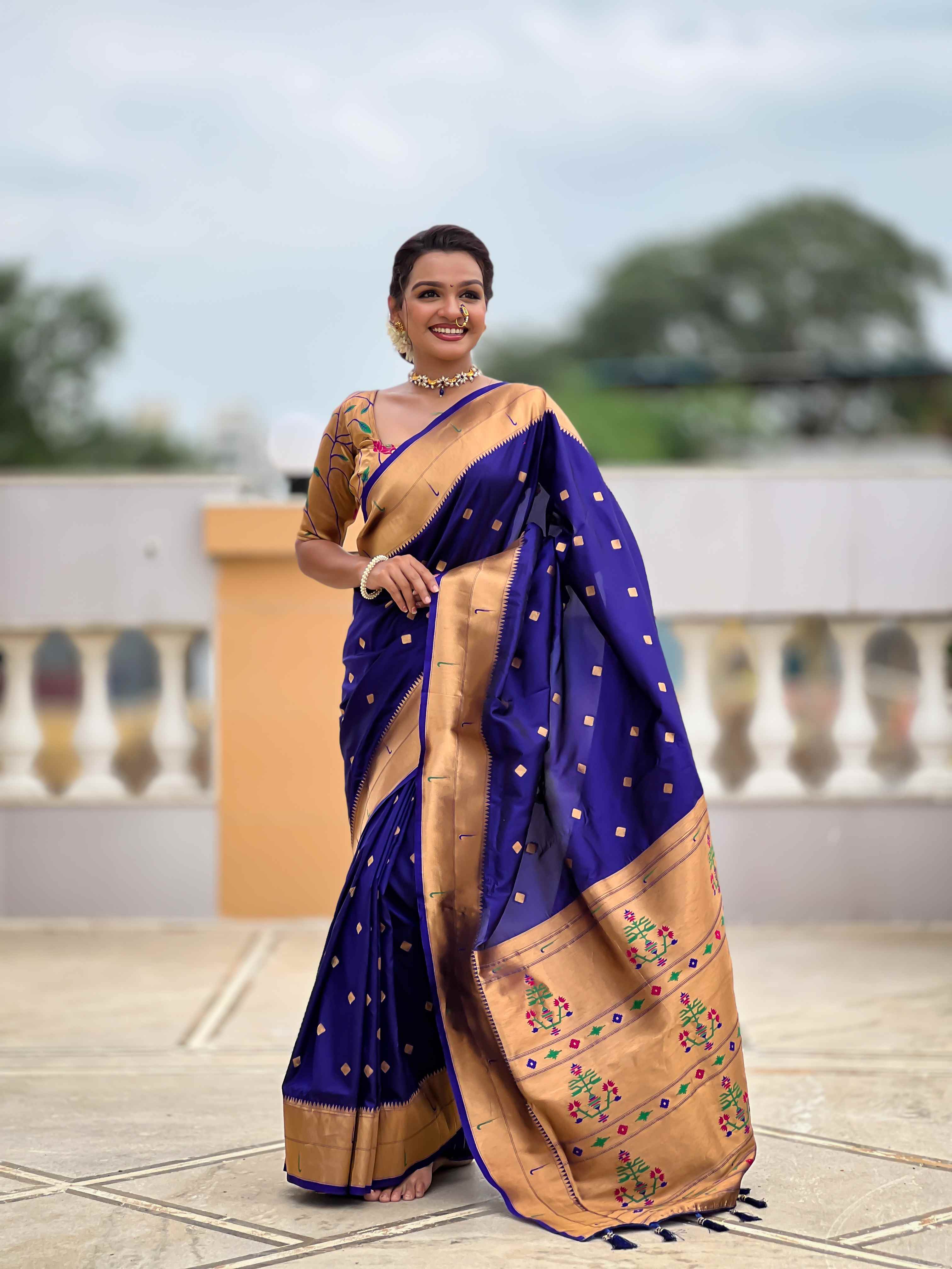 Violet Paithani Silk Saree with Zari Weaving, Meenakari Pallu & Double Munia Border