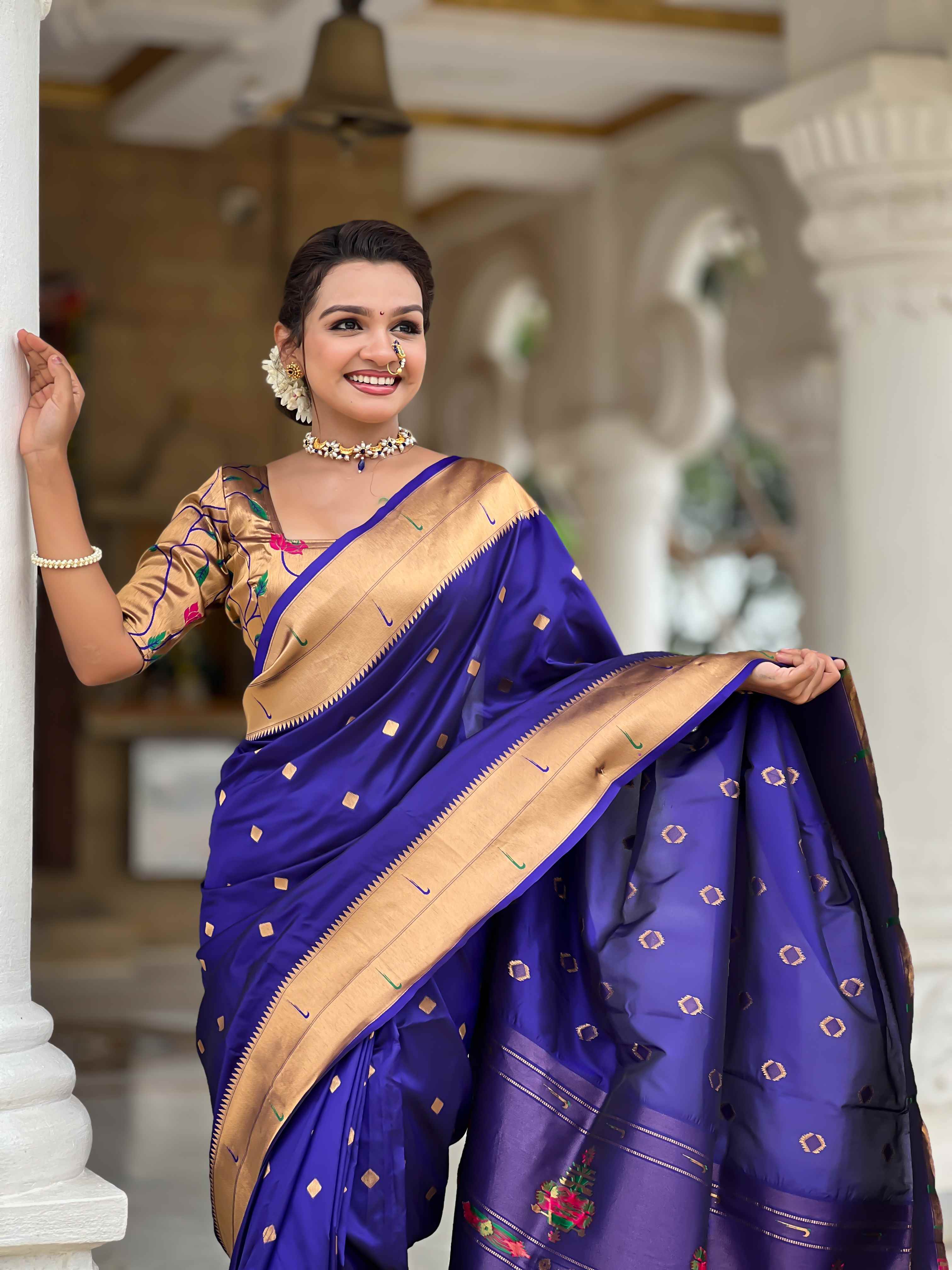 Violet Paithani Silk Saree with Zari Weaving, Meenakari Pallu & Double Munia Border