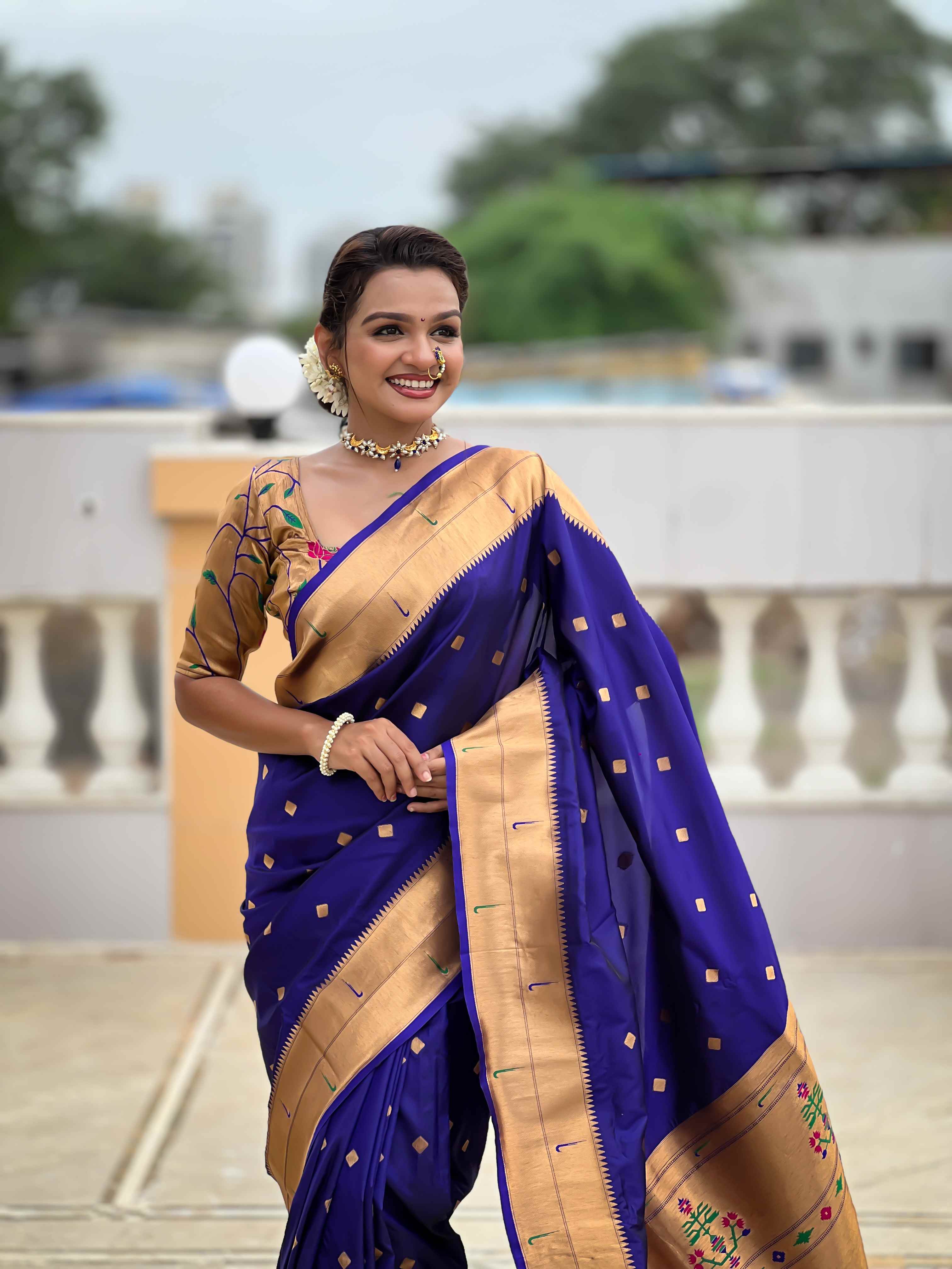 Violet Paithani Silk Saree with Zari Weaving, Meenakari Pallu & Double Munia Border