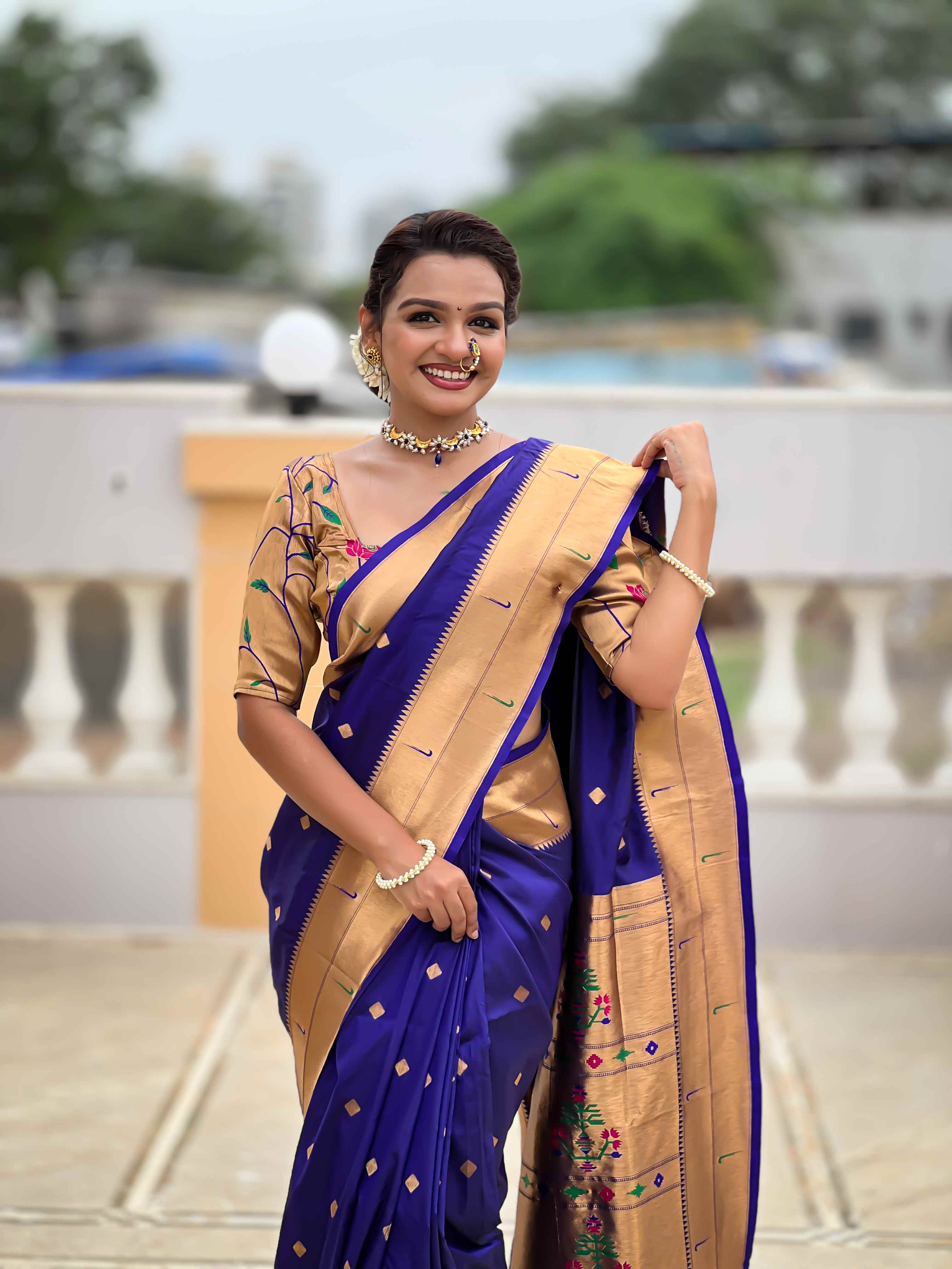 Violet Paithani Silk Saree with Zari Weaving, Meenakari Pallu & Double Munia Border